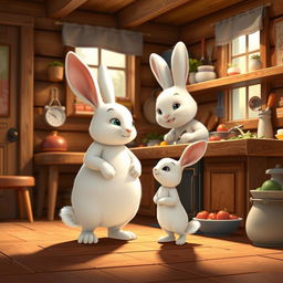 In the morning, a little white rabbit stands in the kitchen of a cozy wooden cabin, gazing up at its mother, a large white rabbit