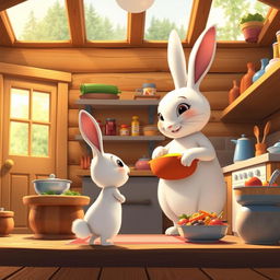 In the morning, a little white rabbit stands in the kitchen of a cozy wooden cabin, gazing up at its mother, a large white rabbit