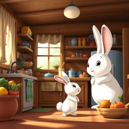 In the morning, a little white rabbit stands in the kitchen of a cozy wooden cabin, gazing up at its mother, a large white rabbit