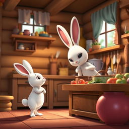 In the morning, a little white rabbit stands in the kitchen of a cozy wooden cabin, gazing up at its mother, a large white rabbit