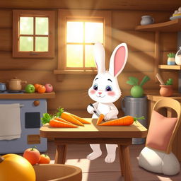 In the morning, a little white rabbit is in the cozy kitchen of a wooden cabin, carefully cutting carrots on a small wooden table