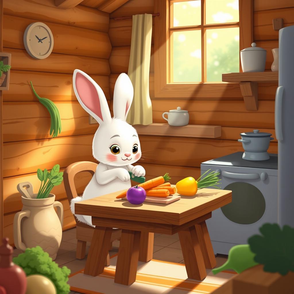 In the morning, a little white rabbit is in the cozy kitchen of a wooden cabin, carefully cutting carrots on a small wooden table