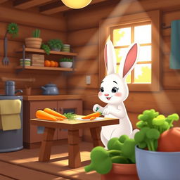 In the morning, a little white rabbit is in the cozy kitchen of a wooden cabin, carefully cutting carrots on a small wooden table