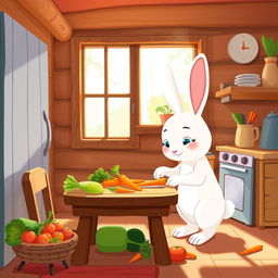 In the morning, a little white rabbit is in the cozy kitchen of a wooden cabin, carefully cutting carrots on a small wooden table