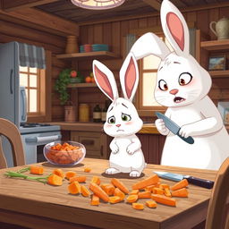 In the morning, a little white rabbit stands in a cozy wooden cabin kitchen, looking distressed