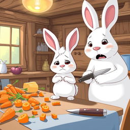 In the morning, a little white rabbit stands in a cozy wooden cabin kitchen, looking distressed