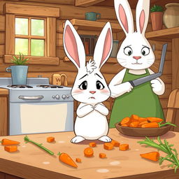 In the morning, a little white rabbit stands in a cozy wooden cabin kitchen, looking distressed