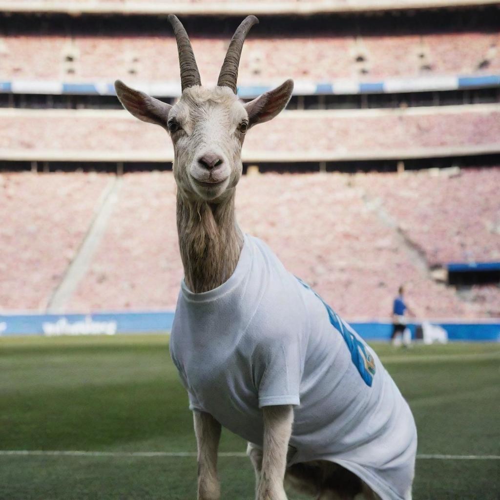 A proud goat adorned in a Real Madrid jersey, standing in Santiago Bernabéu Stadium with the club's logo prominently displayed in the background.