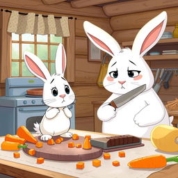 In the morning, a little white rabbit stands in a cozy wooden cabin kitchen, looking distressed