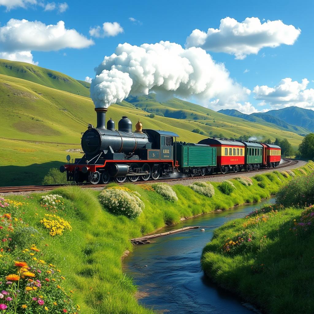 A majestic steam locomotive traveling through a picturesque landscape filled with lush green hills and vibrant wildflowers under a bright blue sky