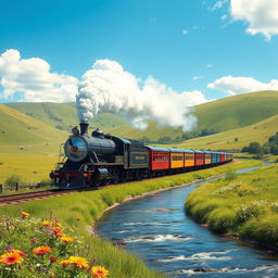 A majestic steam locomotive traveling through a picturesque landscape filled with lush green hills and vibrant wildflowers under a bright blue sky