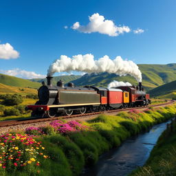 A majestic steam locomotive traveling through a picturesque landscape filled with lush green hills and vibrant wildflowers under a bright blue sky