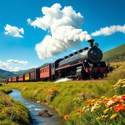 A majestic steam locomotive traveling through a picturesque landscape filled with lush green hills and vibrant wildflowers under a bright blue sky