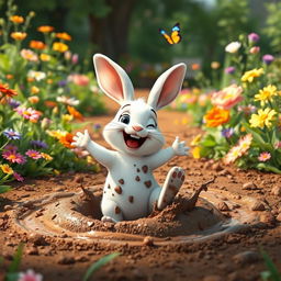 In the morning, a little white rabbit is happily playing in a vibrant garden, getting covered in mud