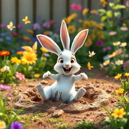 In the morning, a little white rabbit is happily playing in a vibrant garden, getting covered in mud