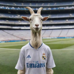 A proud goat adorned in a Real Madrid jersey, standing in Santiago Bernabéu Stadium with the club's logo prominently displayed in the background.