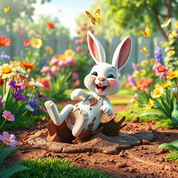 In the morning, a little white rabbit is happily playing in a vibrant garden, getting covered in mud