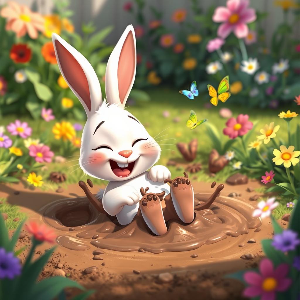 In the morning, a little white rabbit is joyfully playing in a vibrant garden, covered in mud