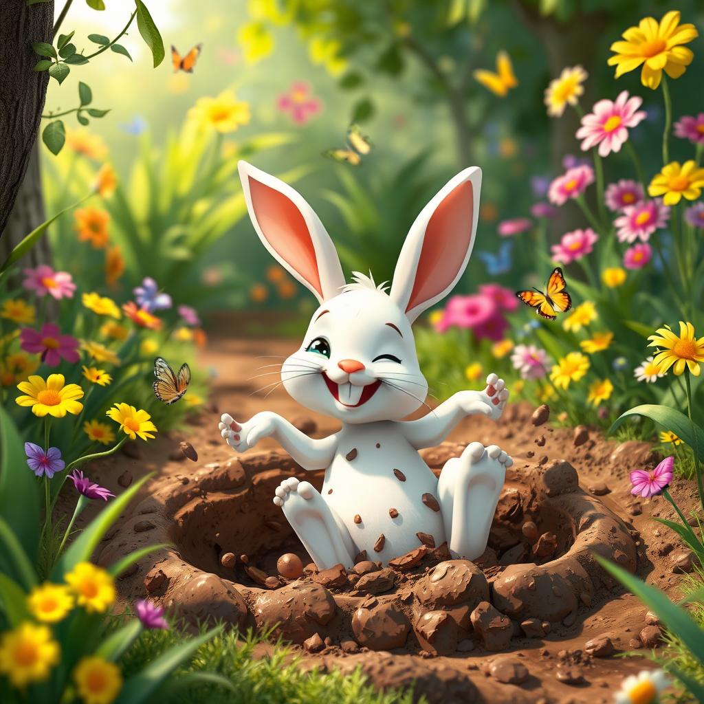 In the morning, a little white rabbit is joyfully playing in a vibrant garden, covered in mud