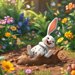 In the morning, a little white rabbit is joyfully playing in a vibrant garden, covered in mud