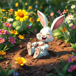 In the morning, a little white rabbit is joyfully playing in a vibrant garden, covered in mud