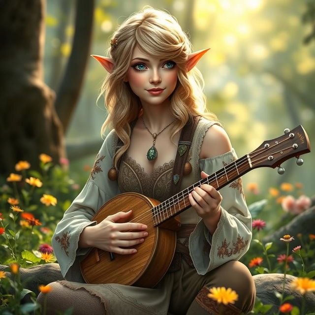 A beautiful bard elf with features reminiscent of Taylor Swift, showcasing her signature blonde hair styled in loose waves