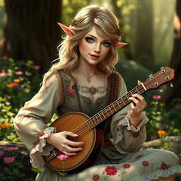 A beautiful bard elf with features reminiscent of Taylor Swift, showcasing her signature blonde hair styled in loose waves