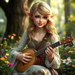 A beautiful bard elf with features reminiscent of Taylor Swift, showcasing her signature blonde hair styled in loose waves