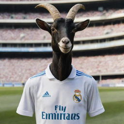 A proud goat adorned in a Real Madrid jersey, standing in Santiago Bernabéu Stadium with the club's logo prominently displayed in the background.