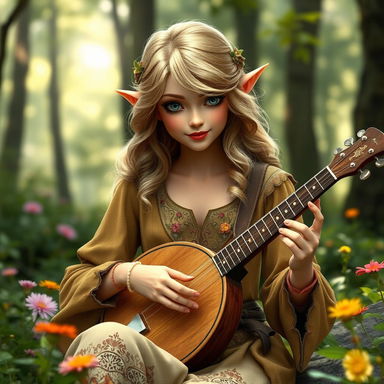A beautiful bard elf with features reminiscent of Taylor Swift, showcasing her signature blonde hair styled in loose waves