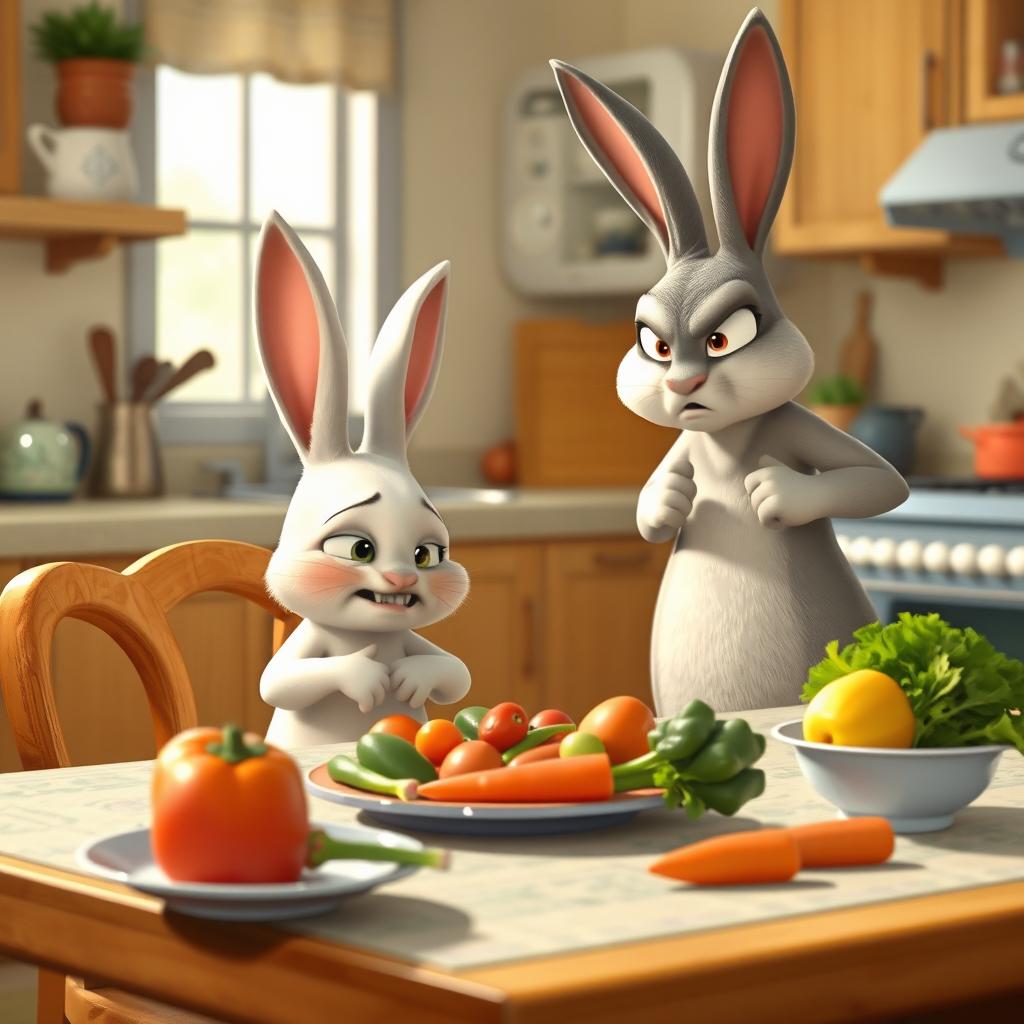 In the morning, a little white rabbit sits at the dining table, looking disgusted at the vegetables placed before it