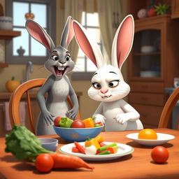 In the morning, a little white rabbit sits at the dining table, looking disgusted at the vegetables placed before it