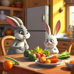 In the morning, a little white rabbit sits at the dining table, looking disgusted at the vegetables placed before it