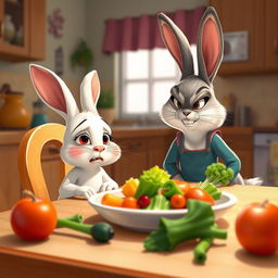 In the morning, a little white rabbit sits at the dining table, looking disgusted at the vegetables placed before it