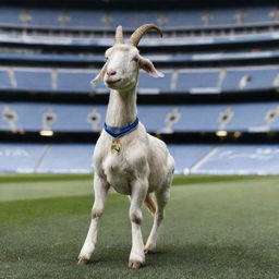 A proud goat adorned in a Real Madrid jersey, standing in Santiago Bernabéu Stadium with the club's logo prominently displayed in the background.