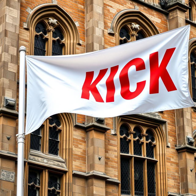 A stunning close-up photograph of a white horizontal flag, featuring the word "KICK" boldly printed in red, prominently displayed against the backdrop of an old English architectural building with intricate details