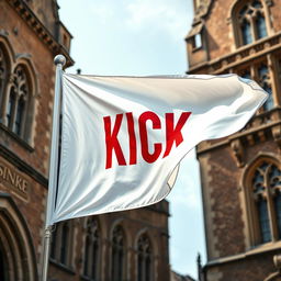 A stunning close-up photograph of a white horizontal flag, featuring the word "KICK" boldly printed in red, prominently displayed against the backdrop of an old English architectural building with intricate details