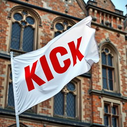 A stunning close-up photograph of a white horizontal flag, featuring the word "KICK" boldly printed in red, prominently displayed against the backdrop of an old English architectural building with intricate details