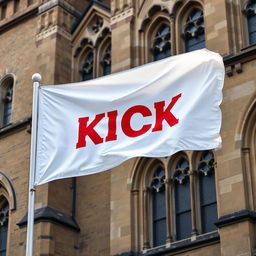 A stunning close-up photograph of a white horizontal flag, featuring the word "KICK" boldly printed in red, prominently displayed against the backdrop of an old English architectural building with intricate details