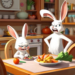 In the morning, a little white rabbit sits at the dining table, looking disgusted at the vegetables placed in front of it