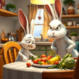 In the morning, a little white rabbit sits at the dining table, looking disgusted at the vegetables placed in front of it