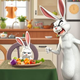 In the morning, a little white rabbit sits at the dining table, looking disgusted at the vegetables placed in front of it