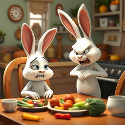 In the morning, a little white rabbit sits at the dining table, looking disgusted at the vegetables placed in front of it