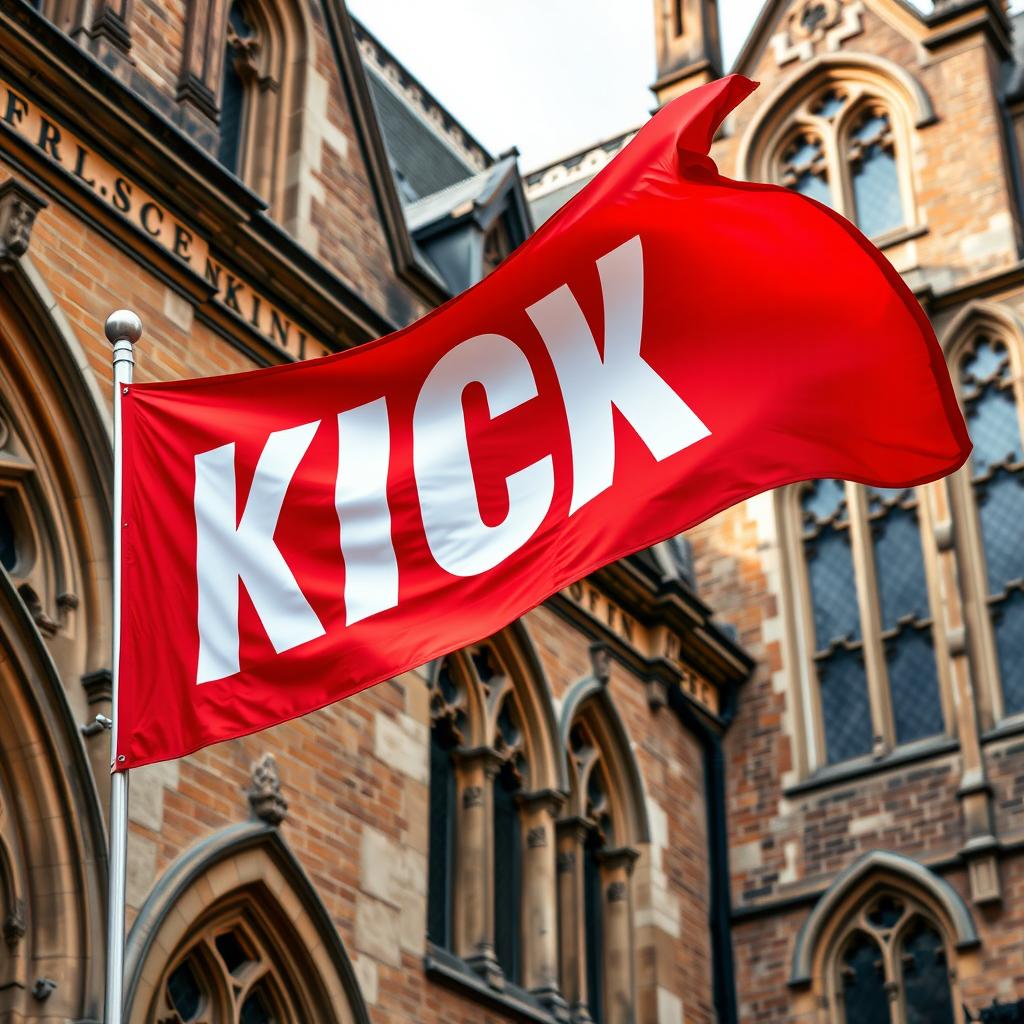 A stunning close-up photograph of a red horizontal flag, prominently featuring the word "KICK" in bold white letters, displayed against the backdrop of an old English architectural building with intricate details