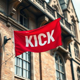 A stunning close-up photograph of a red horizontal flag, prominently featuring the word "KICK" in bold white letters, displayed against the backdrop of an old English architectural building with intricate details