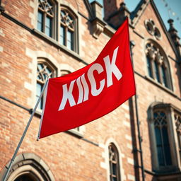 A stunning close-up photograph of a red horizontal flag, prominently featuring the word "KICK" in bold white letters, displayed against the backdrop of an old English architectural building with intricate details