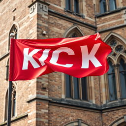 A stunning close-up photograph of a red horizontal flag, prominently featuring the word "KICK" in bold white letters, displayed against the backdrop of an old English architectural building with intricate details