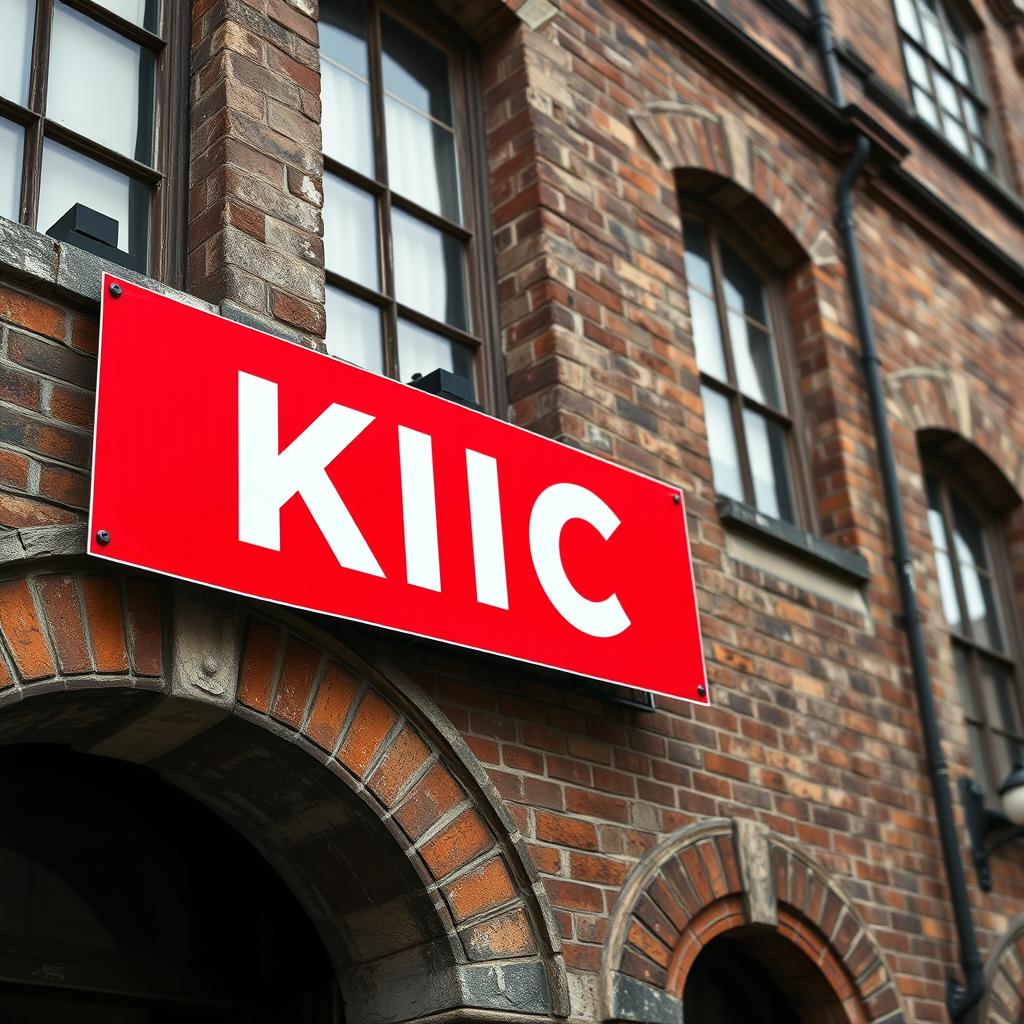 A captivating close-up photograph of a long red horizontal poster, prominently displaying the word "KICK" in bold white letters, affixed to the exterior of an old English architectural building with rich historical details