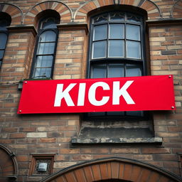 A captivating close-up photograph of a long red horizontal poster, prominently displaying the word "KICK" in bold white letters, affixed to the exterior of an old English architectural building with rich historical details