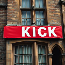 A captivating close-up photograph of a long red horizontal poster, prominently displaying the word "KICK" in bold white letters, affixed to the exterior of an old English architectural building with rich historical details